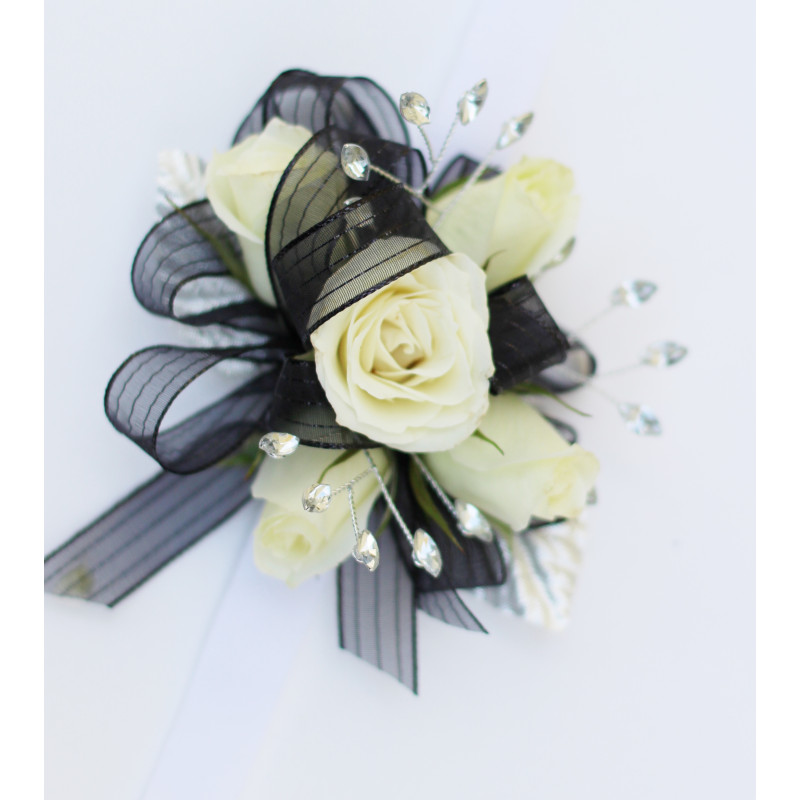 White and Black Spray Rose Corsage - Same Day Delivery