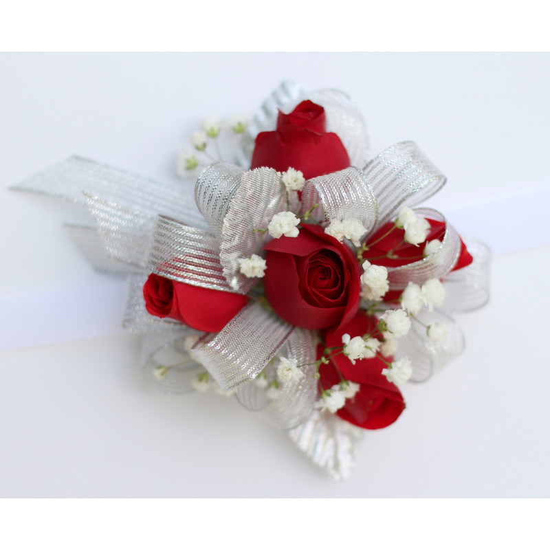 Red and Silver Spray Rose Wrist Corsage - Same Day Delivery