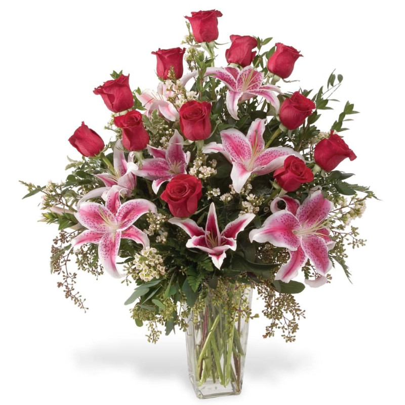 Roses and Stargazer Lily Bouquet - Same Day Delivery