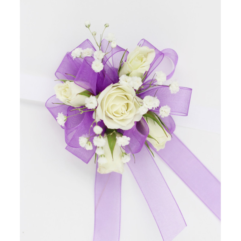 White and Purple Rose Wrist Corsage - Same Day Delivery