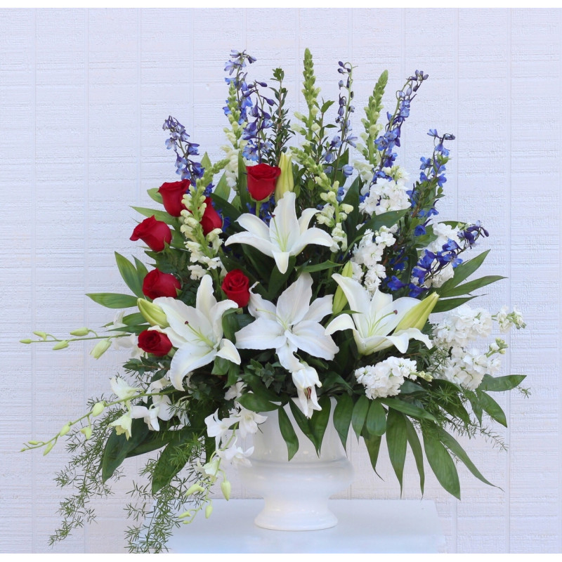 Red, White, and Blue Funeral Arrangement - Same Day Delivery