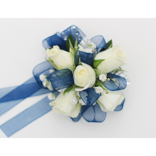 White and Navy Wrist Corsage